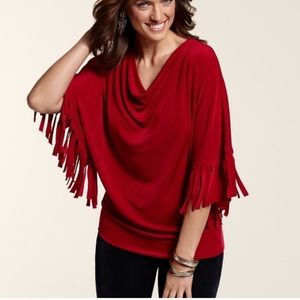 Chico’s Travelers Red Phoebe Fringe Top Drape